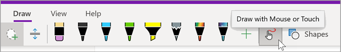 screenshot of the draw tab of OneNote for Windows 10 with mouse hovering over the "Draw with Mouse or Touch" button
