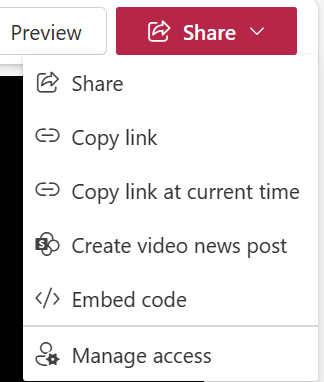 Share dropdown menu on the Stream Web App.