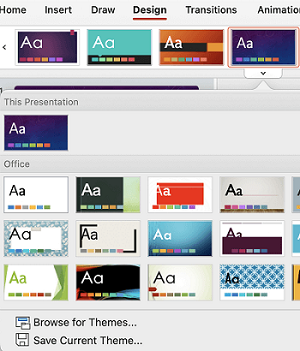 The themes gallery for selecting an accessible layout in PowerPoint for Mac.