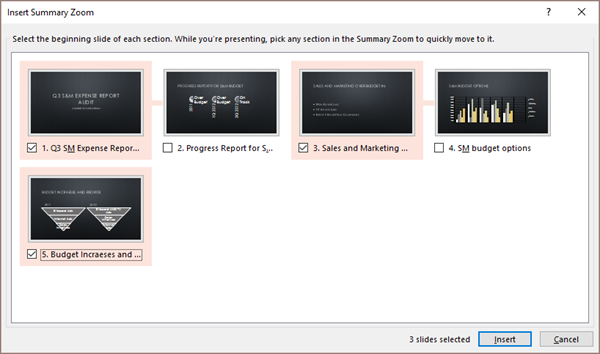 Shows the Insert Summary Zoom dialog in PowerPoint for a presentation without existing sections.