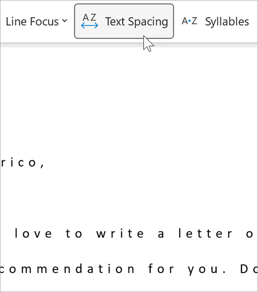 Screenshot of the text spacing option of immersive reader, there is a greater distance between letters and between words