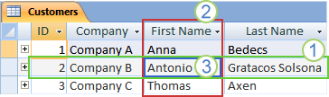 Customers table in Access showing layout of records and fields