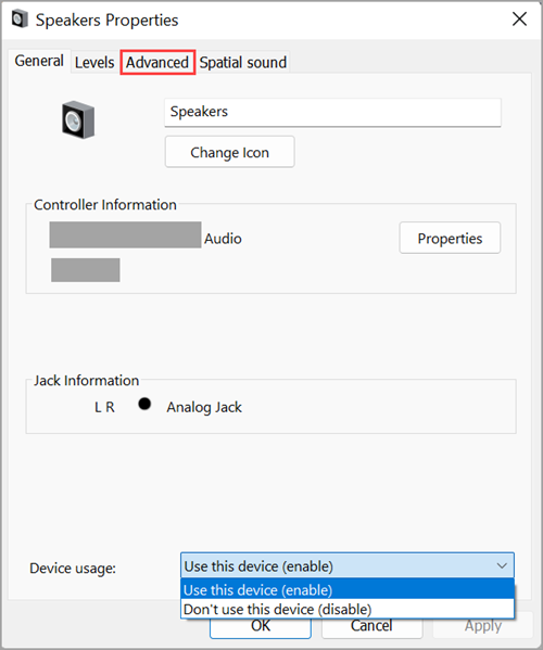 Enable your audio device in Speakers Properties in Windows 11.