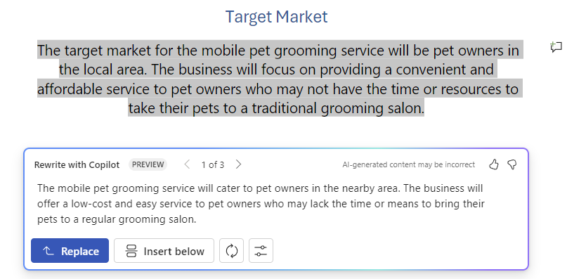 Screenshot of Copilot in Word with rewrite text suggestions and options