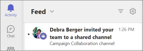 Teams - an external channel has been shared with your team activity feed