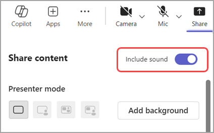 Turn on the Include sound toggle to share sound from the window you're sharing.