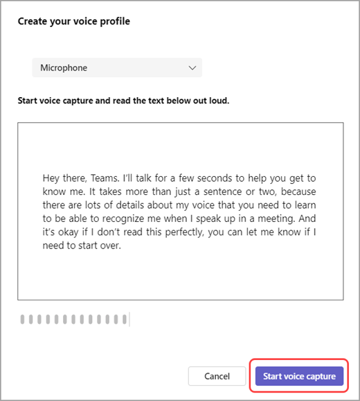 Start a voice capture in Teams settings.