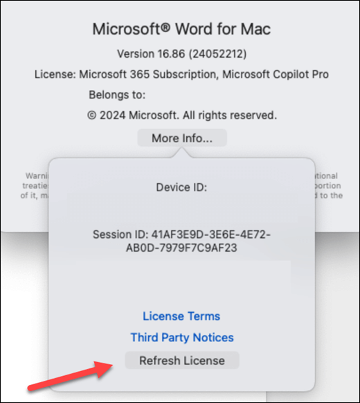 Locating the Update License button in Microsoft Word on MacOS.