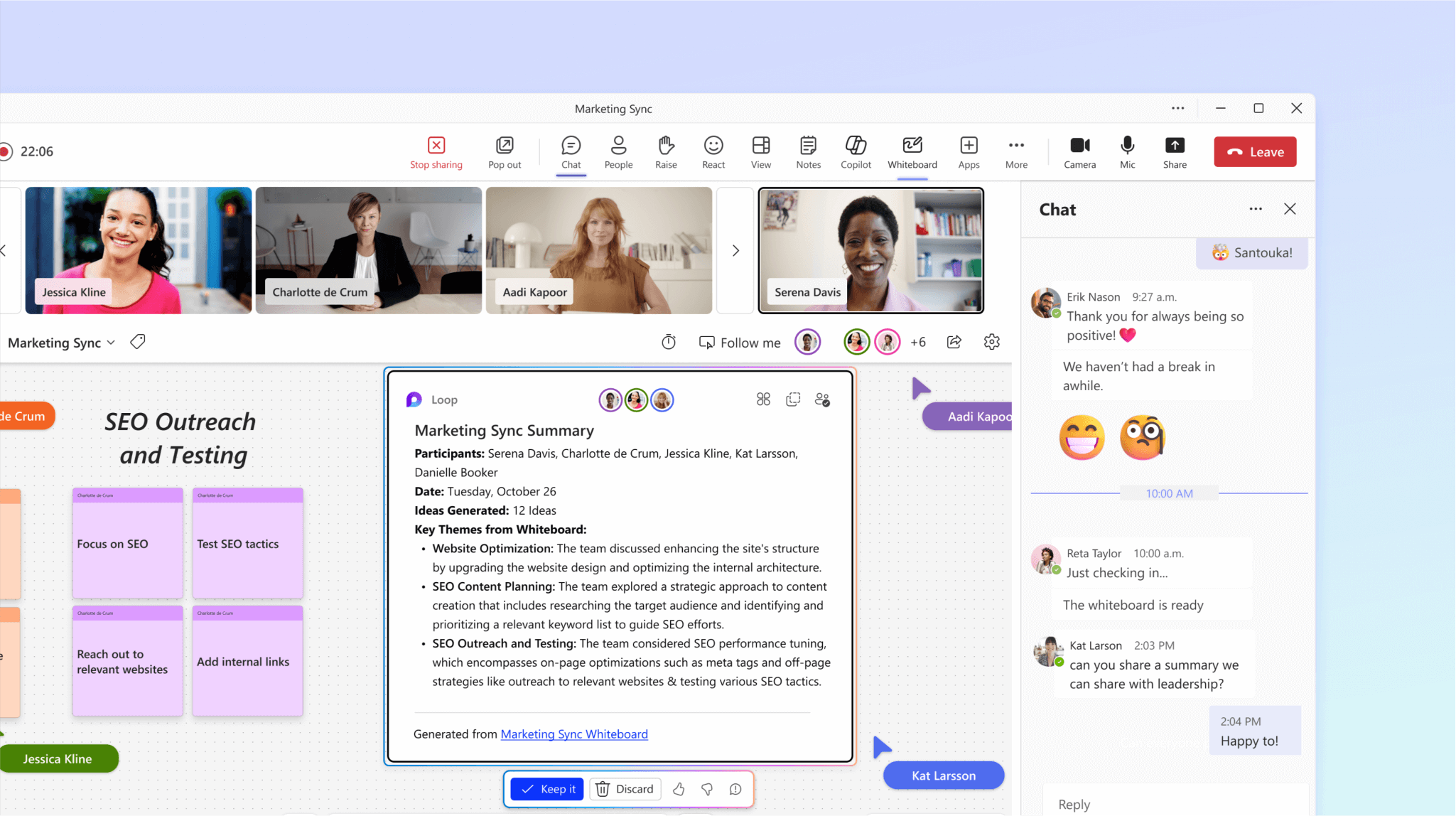 Screenshot shows Copilot in Whiteboard summarizing the discussion in the meeting.