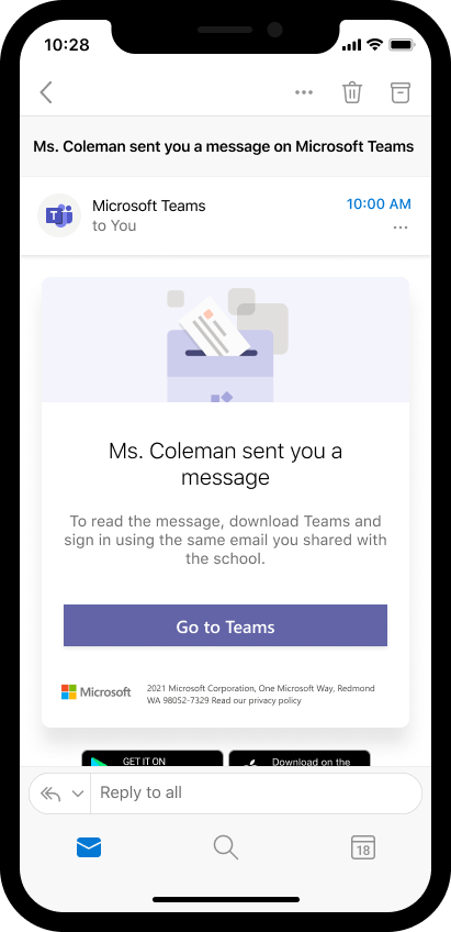 Screenshot of email on mobile device inviting parent to open educator's message in Teams. 