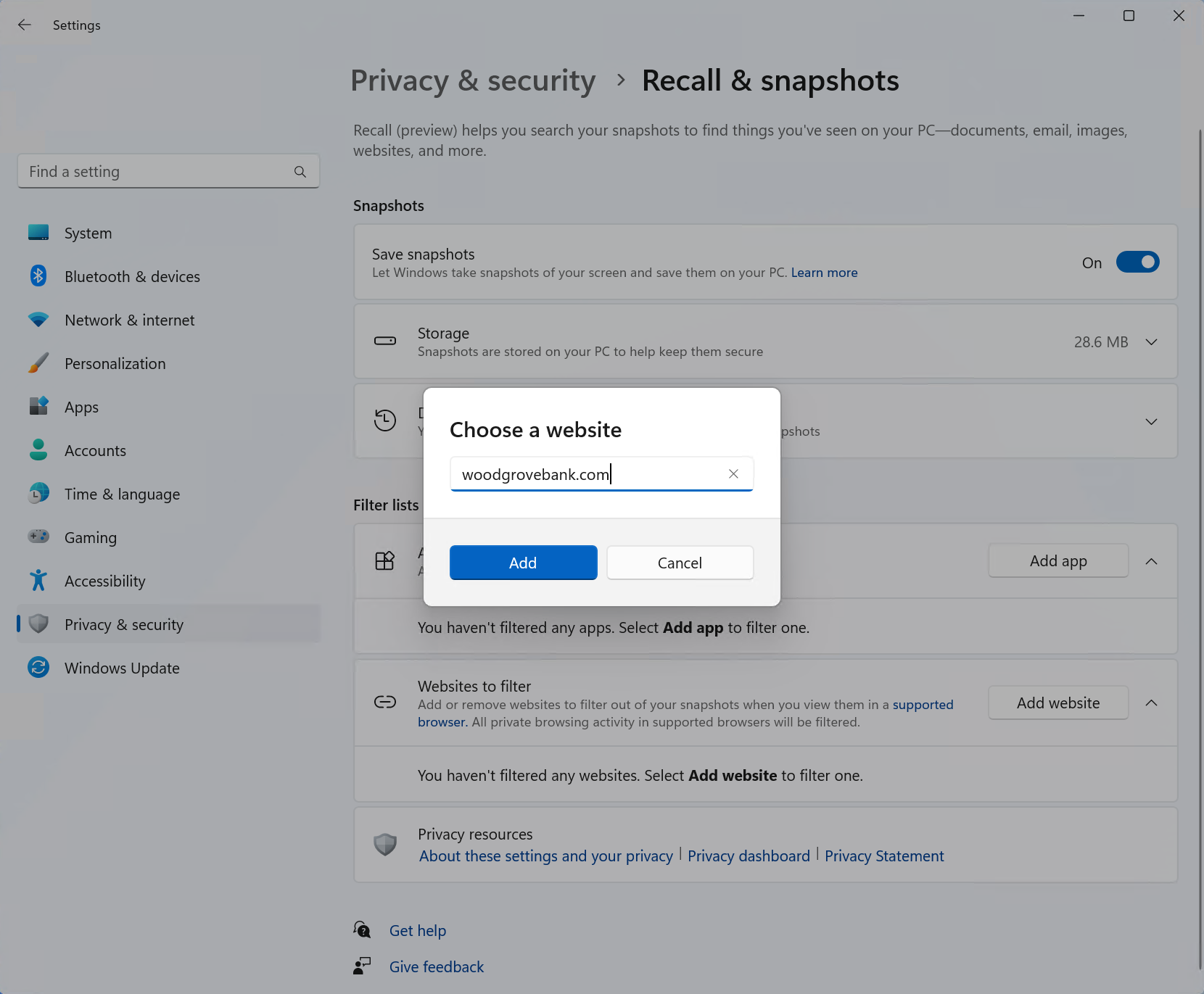 Screenshot of adding a website to the filter list in the Recall & snaphots page in Windows settings