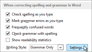 Spelling and grammar Settings button in Word