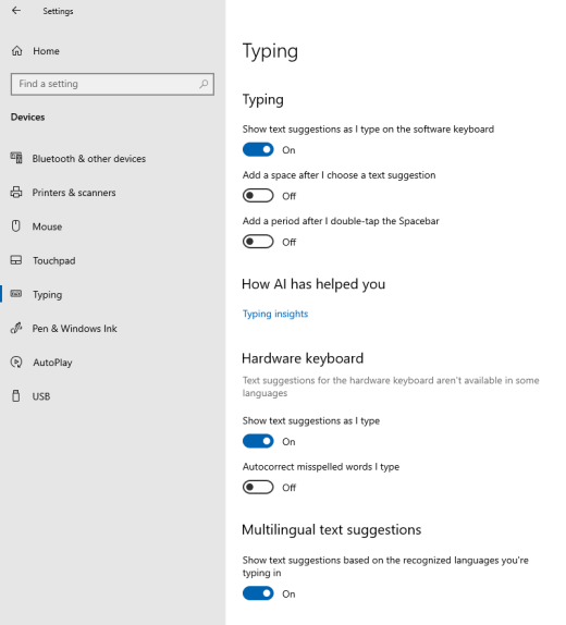 The option for text suggestions as you type in Windows