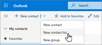 A screenshot of the New contact menu with New contact list selected