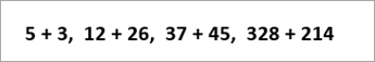 Example equations read: 5+3, 12+26, 37+45, 328+214