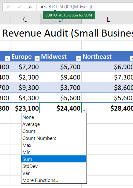 Example of selecting a Total Row formula from the Total Row formula drop-down list