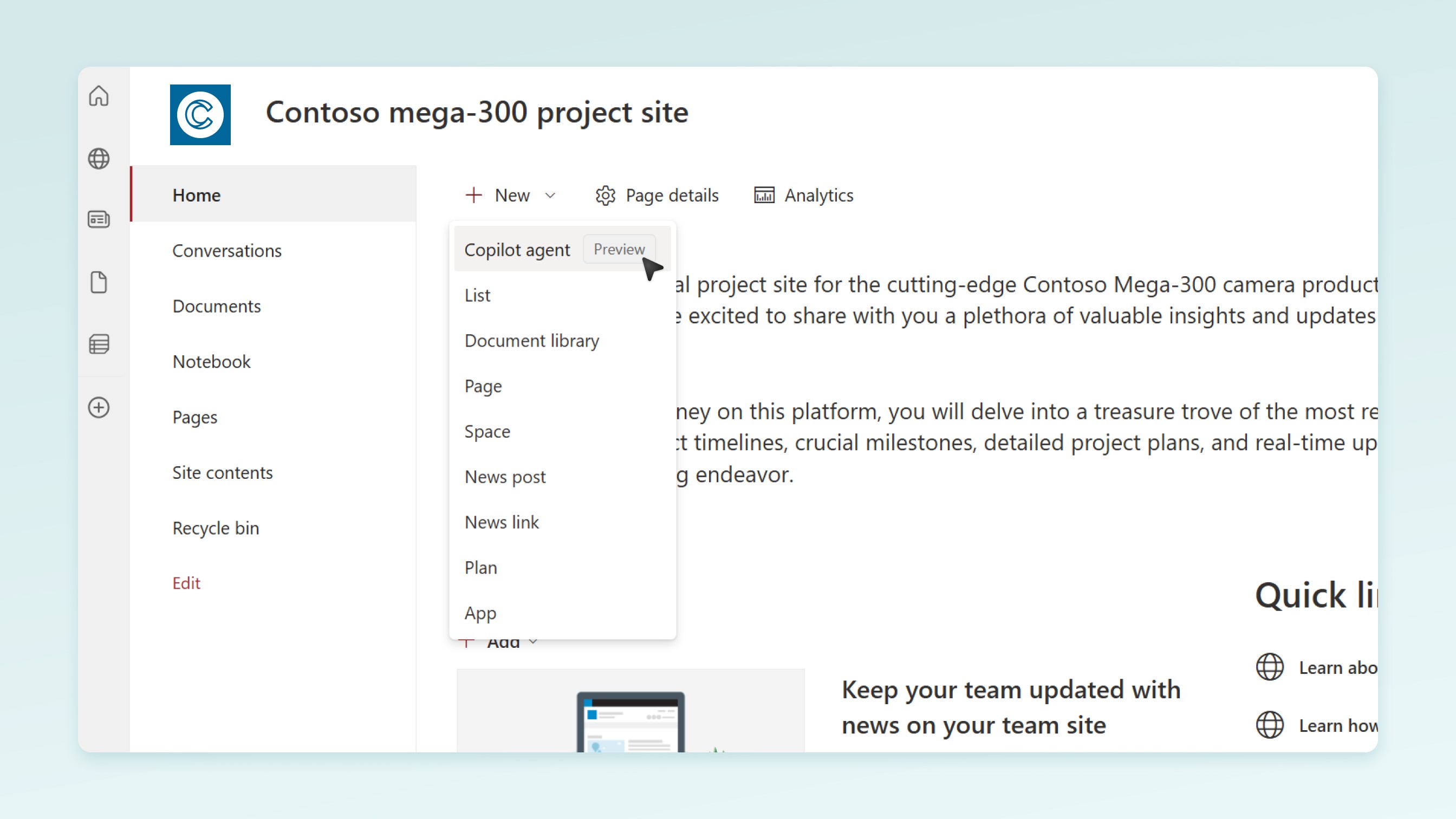 screenshot of Create new Copilot agent for the landing page