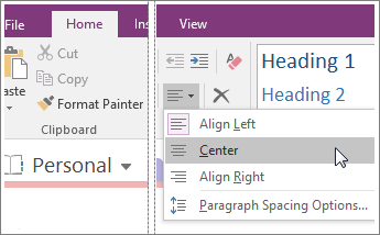 Screenshot of the Paragraph Alignment button in OneNote 2016.