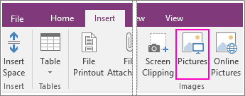 Screenshot of the Insert Pictures button in OneNote 2016.