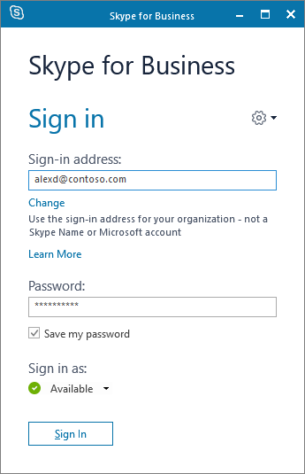 Screenshot of the Skype for Business sign-in screen.