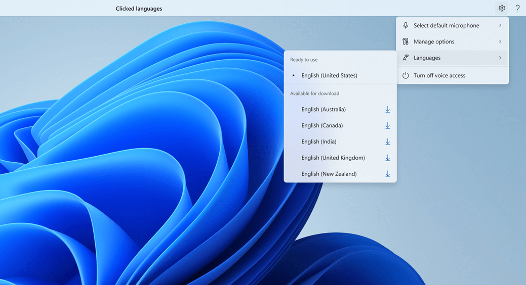 The settings button on the far right side of the voice access UI is expanded to show the four options: select default microphone, manage options, languages, and turn off voice access. The Languages option is further expanded to show the languages.