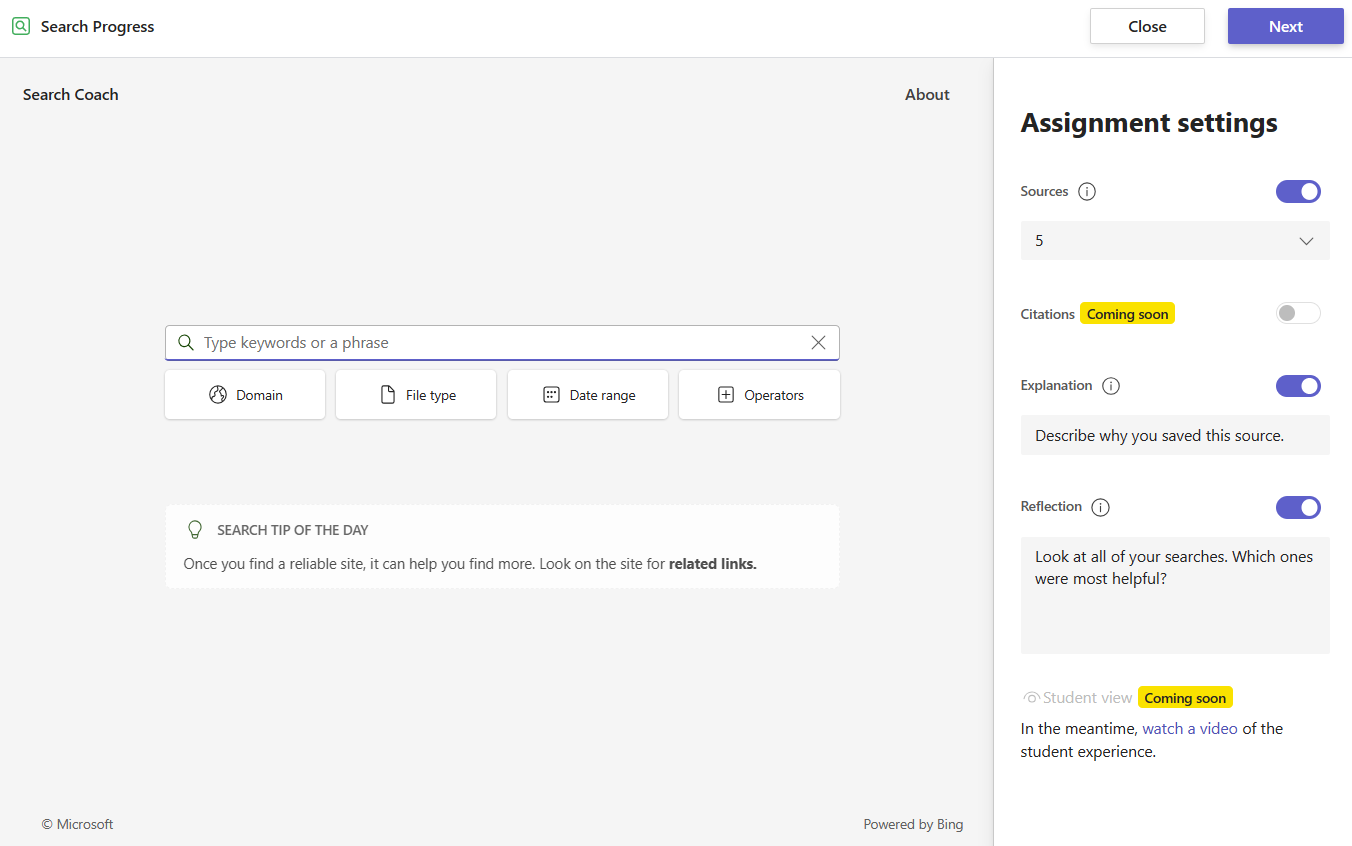 A screenshot of a left-hand pane that resembles Search Coach, and a right-hand pane where an educator sets the number of sources and the wording of reflection and explanation prompts for students to engage with in their assignment