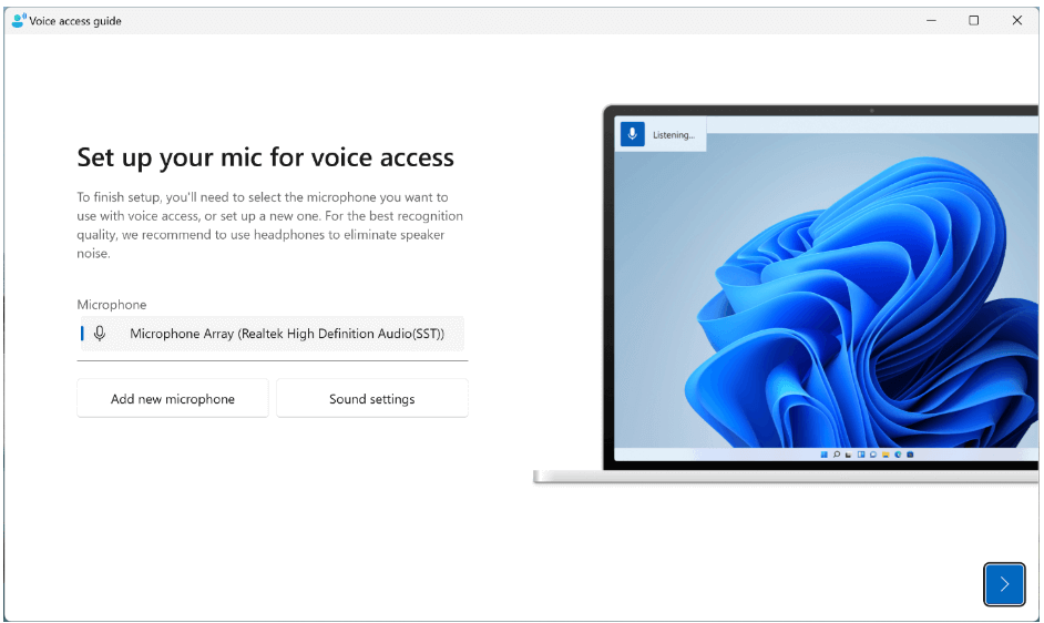 Set up your mic for voice access window asking you to select the mic you want to use