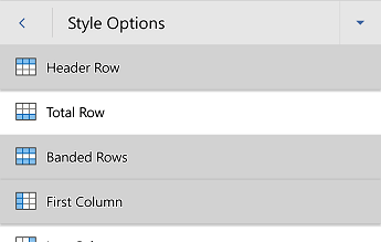 Word for Android table style options menu