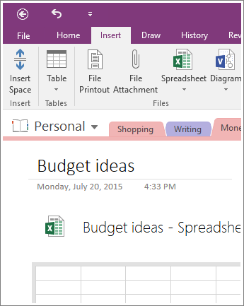 Screenshot of a new spreadsheet in OneNote 2016.