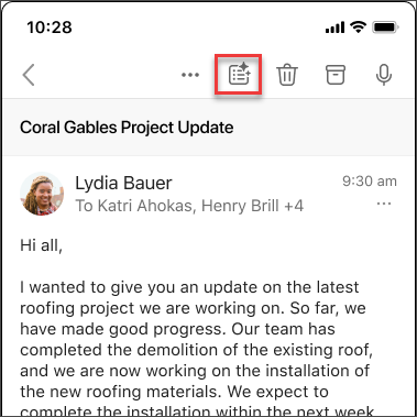 Copilot summarize icon to summarize email thread in iOS and Android.