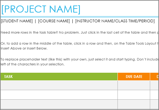 Old Project task list template with a minimum font of 8.5 points.