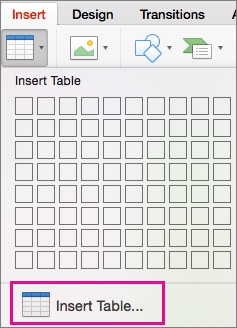 Insert Table menu option