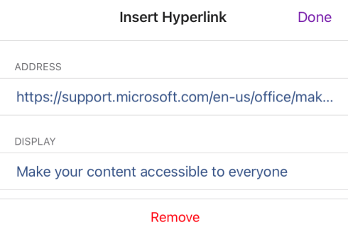 The Insert Hyperlink dialog box in OneNote for iOS showing the link display text "Make your content accessible to everyone" and its link URL.