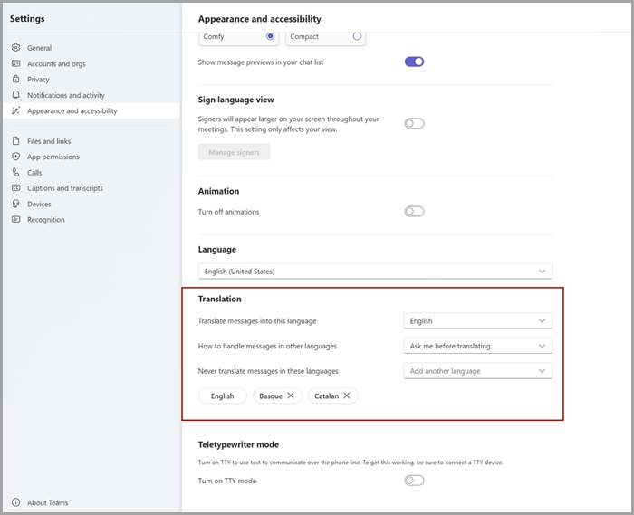 Go to Appearance and accessibility in Teams settings to adjust translation settings.