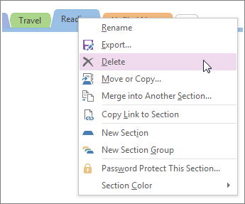 Screenshot of how to delete a section in OneNote 2016.