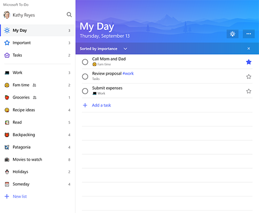Screenshot showing the list sidebar and My Day list in Microsoft To-Do