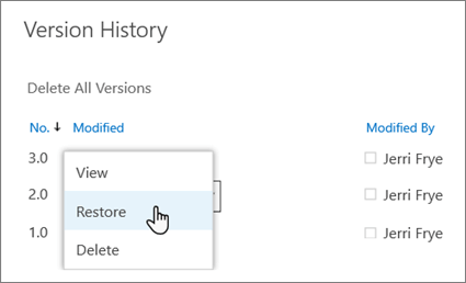Select 'Restore' from the drop-down menu for a selected document version