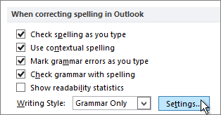 Spelling and grammar Settings button in Outlook