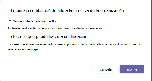 Cuadro de diálogo que explica por qué un mensaje se bloqueó y no se puede invalidar