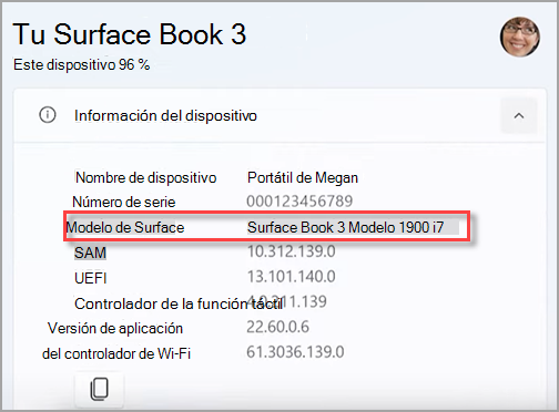 Encontrar el nombre del modelo de tu dispositivo Surface en la aplicación Surface.