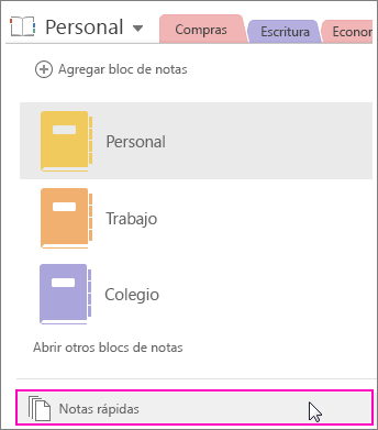 Captura de pantalla del panel Blocs de notas de OneNote 2016 con la opción Notas rápidas resaltada