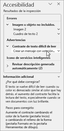 Panel de accesibilidad con resultados de inspección