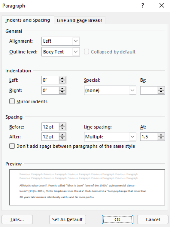 Cuadro de diálogo Párrafo en Outlook.