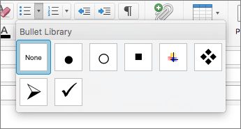 Opciones de estilo de viñeta disponibles en la Biblioteca de viñetas de Outlook para Mac.