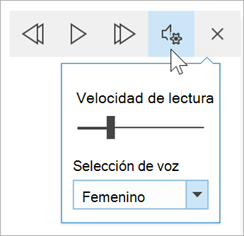 captura de pantalla de la barra de herramientas de opciones de voz del Lector inmersivo. Al pasar el ratón por encima de configuración, aparece una opción para cambiar la velocidad de lectura y un menú desplegable para seleccionar la voz.