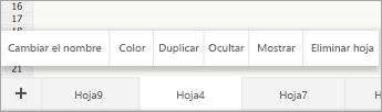 Pestaña de hoja seleccionada, que muestra el comando Cambiar nombre.