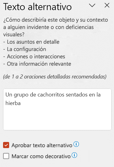 Texto alternativo automático que se muestra en el panel Texto alternativo con la casilla Aprobar texto alternativo seleccionada.