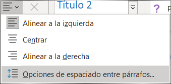 Captura de pantalla de la opción Espaciado entre párrafos en el menú Inicio.