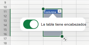 La opción La tabla tiene encabezados seleccionada en Excel para iOS.