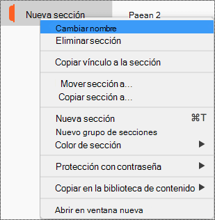 Menú contextual Sección con la sección Cambiar nombre resaltada.